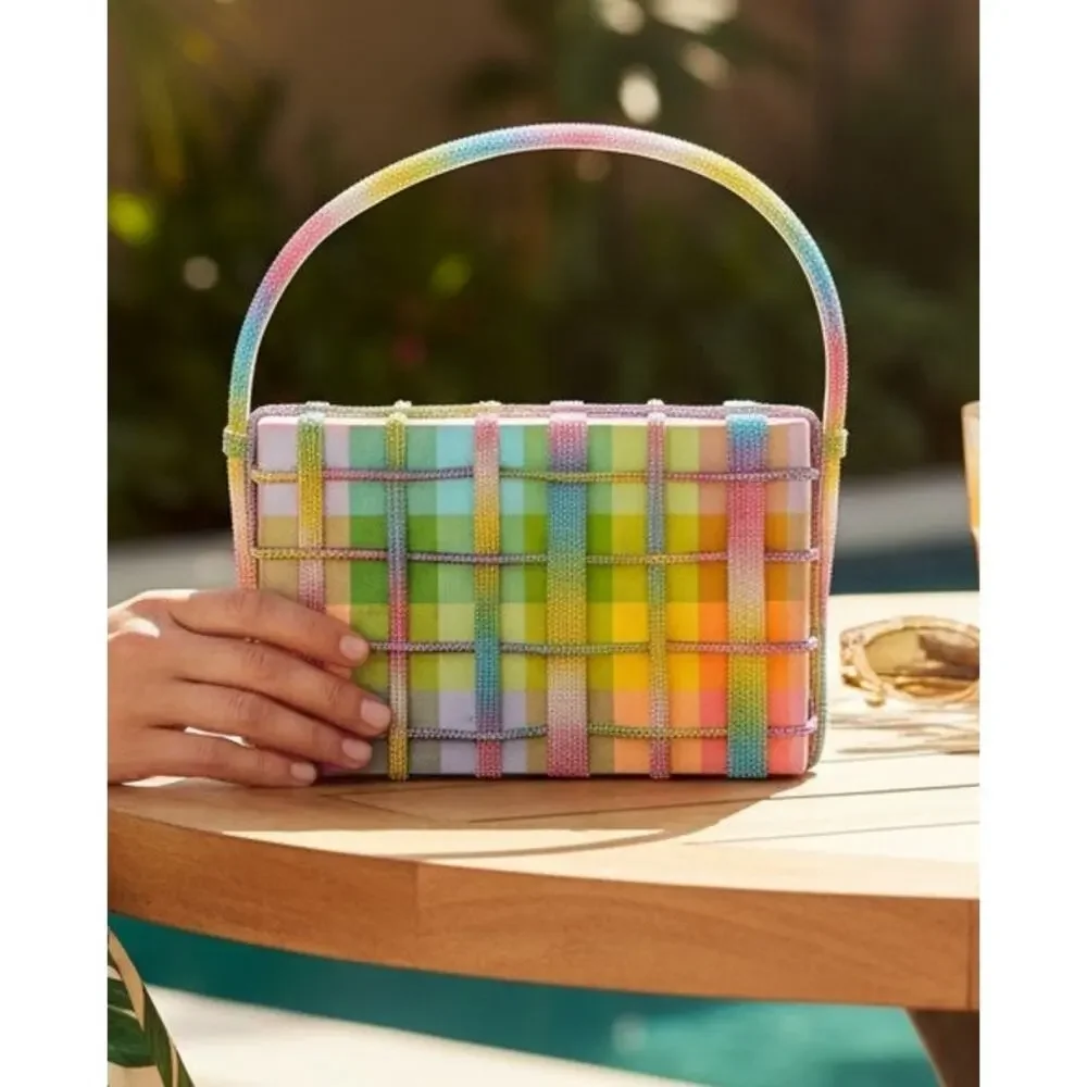 Simitri Rainbow Crystal Etoile Clutch NWT Multicolor Gingham Handcrafted